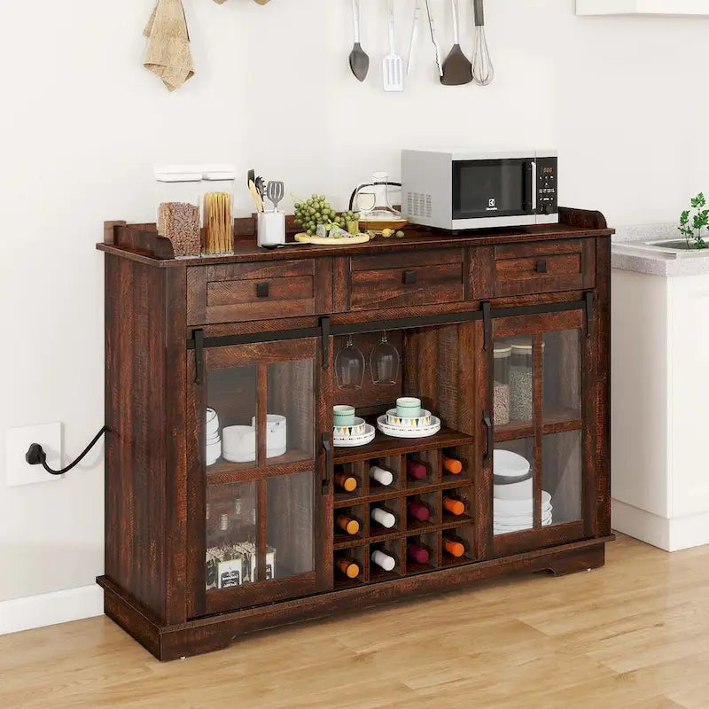 53 Meuble de rangement de cuisine avec porte de grange, buffet, bar à café et casier à vin