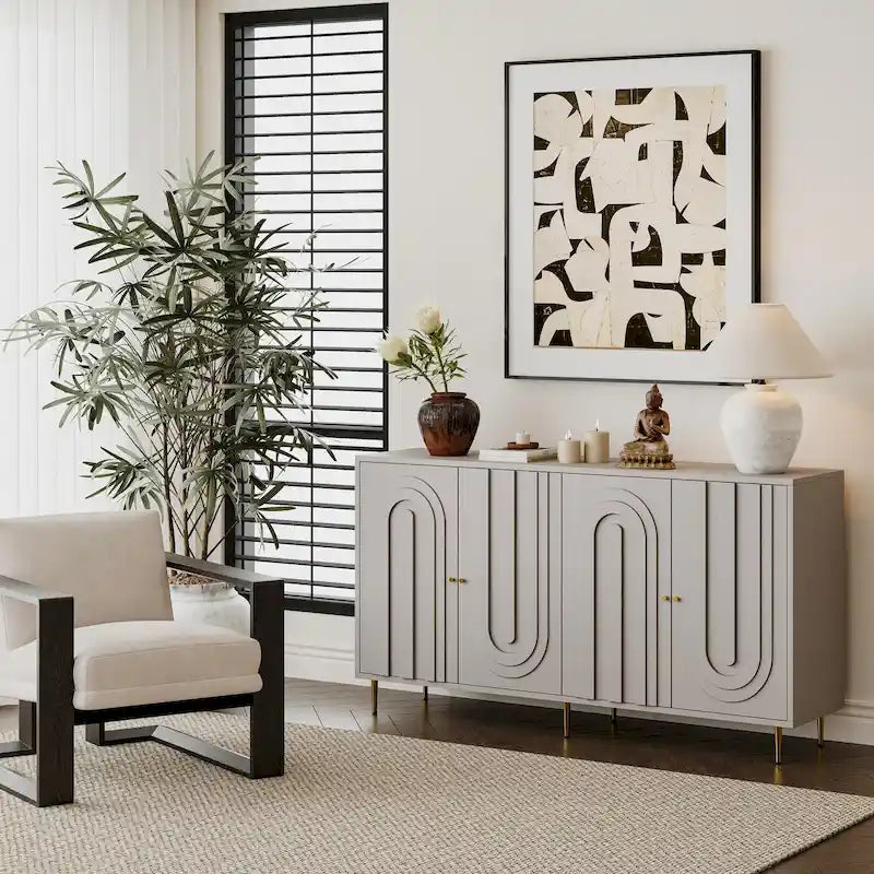 Buffet bahut moderne en bois laqué bleu/gris de 152 cm avec 4 portes, meuble de rangement d'appoint