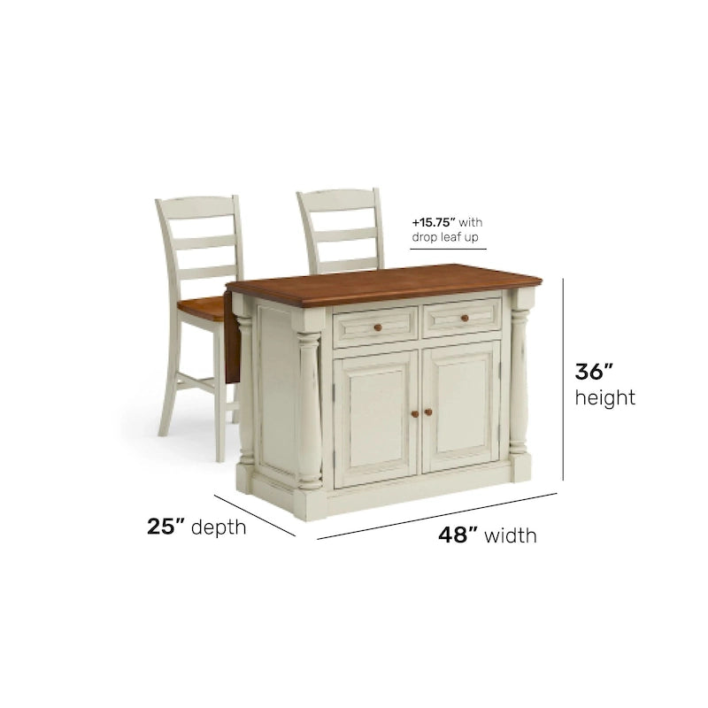 Ensemble îlot de cuisine 3 pièces Homestyles Monarch en bois blanc cassé avec plateau en bois à abattant - 48 x 25 x 36