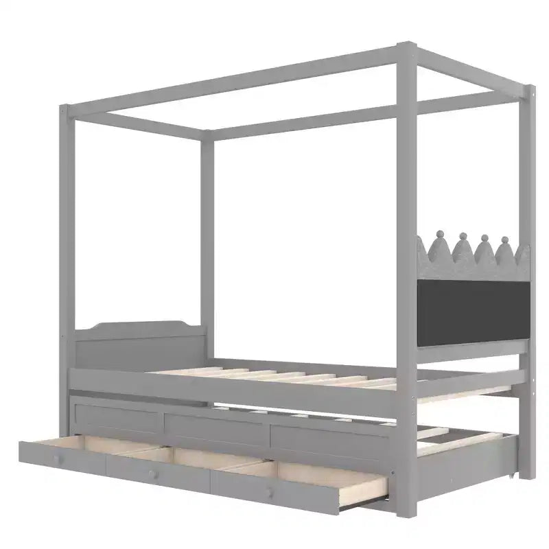 Lit plateforme double/grand format avec lit gigogne, lit à baldaquin en bois de princesse avec 3 tiroirs, lit de rangement avec tête de lit capitonnée pour chambre à coucher