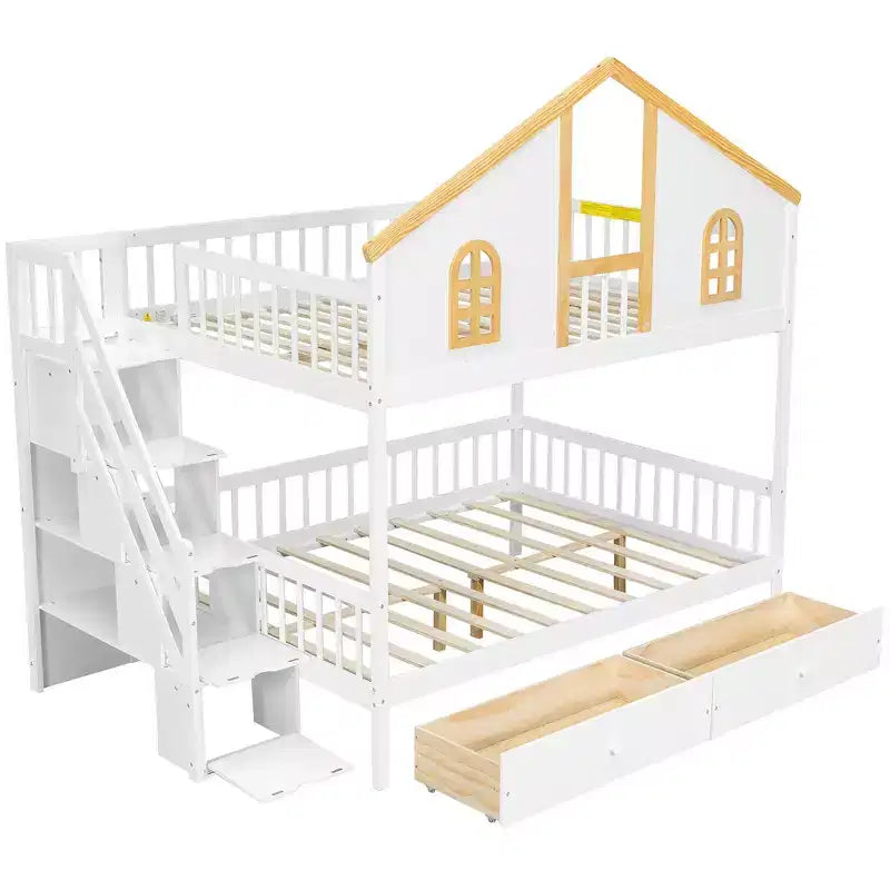 Lit superposé Whisen pour jumeaux avec porte fenêtre et toit, tiroirs de rangement et escalier