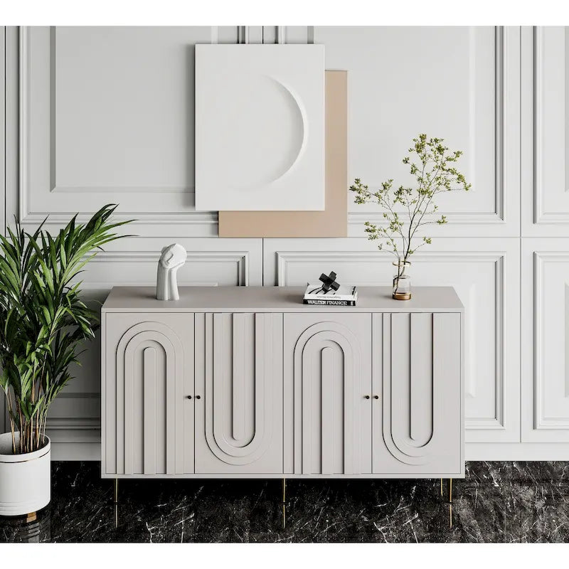 Buffet bahut moderne en bois laqué bleu/gris de 152 cm avec 4 portes, meuble de rangement d'appoint