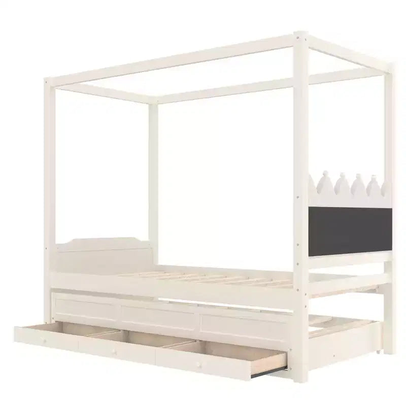 Lit plateforme double/grand format avec lit gigogne, lit à baldaquin en bois de princesse avec 3 tiroirs, lit de rangement avec tête de lit capitonnée pour chambre à coucher