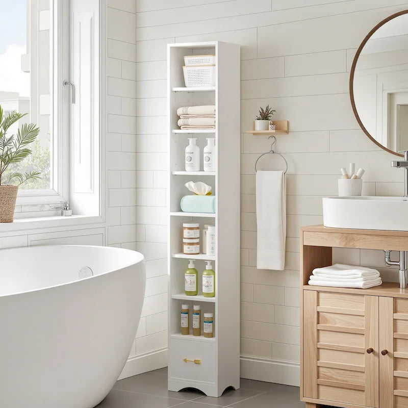 VECELO Armoire de salle de bain étroite de 180 cm de haut, en bois massif, 8 étagères, meuble de rangement autonome