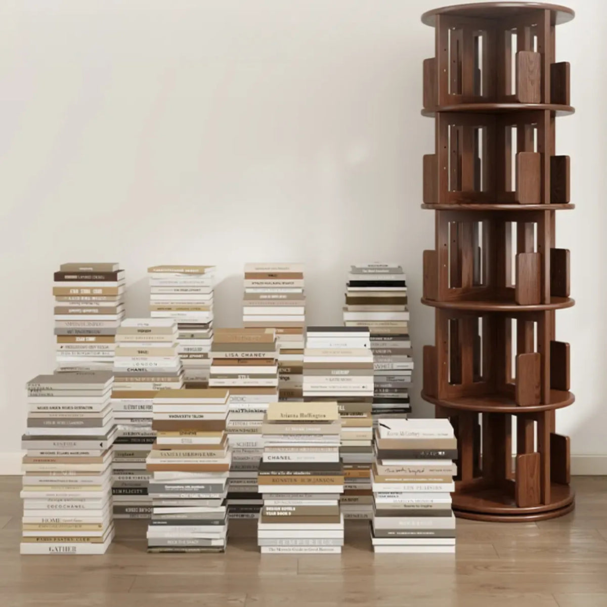 Bibliothèque verticale étroite rotative en bois