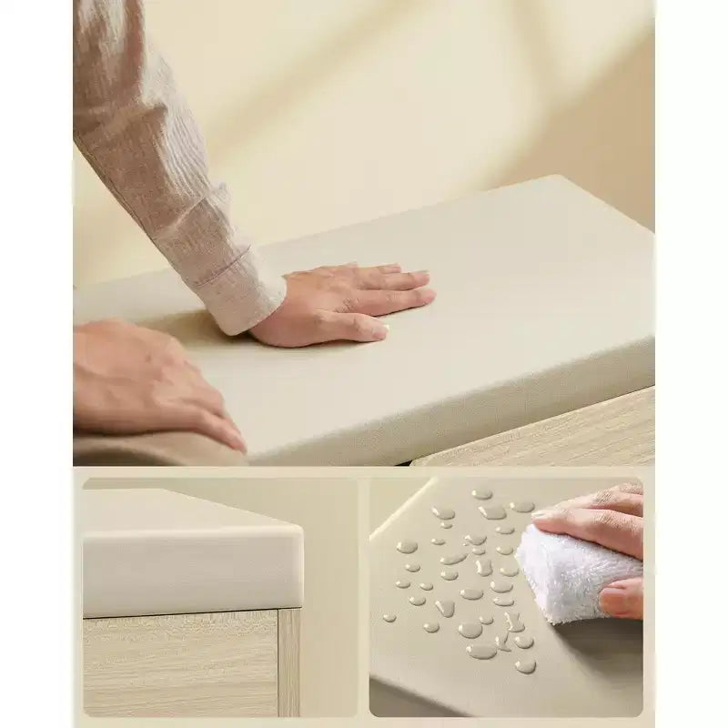 Banc à chaussures capitonné, 1 personne, avec 3 compartiments de rangement, blanc nuage / beige naturel / marron rustique