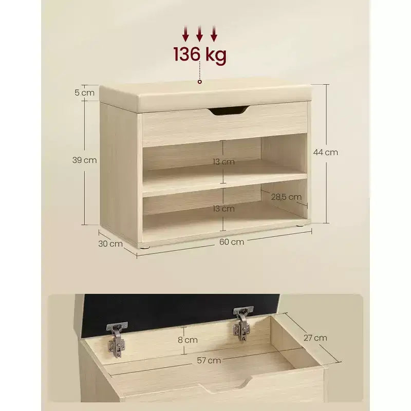 Banc à chaussures capitonné, 1 personne, avec 3 compartiments de rangement, blanc nuage / beige naturel / marron rustique