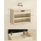 Banc à chaussures capitonné, 1 personne, avec 3 compartiments de rangement, blanc nuage / beige naturel / marron rustique