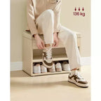 Banc à chaussures capitonné, 1 personne, avec 3 compartiments de rangement, blanc nuage / beige naturel / marron rustique