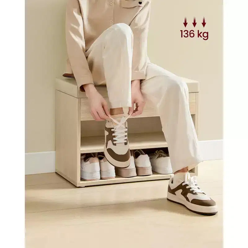 Banc à chaussures capitonné, 1 personne, avec 3 compartiments de rangement, blanc nuage / beige naturel / marron rustique