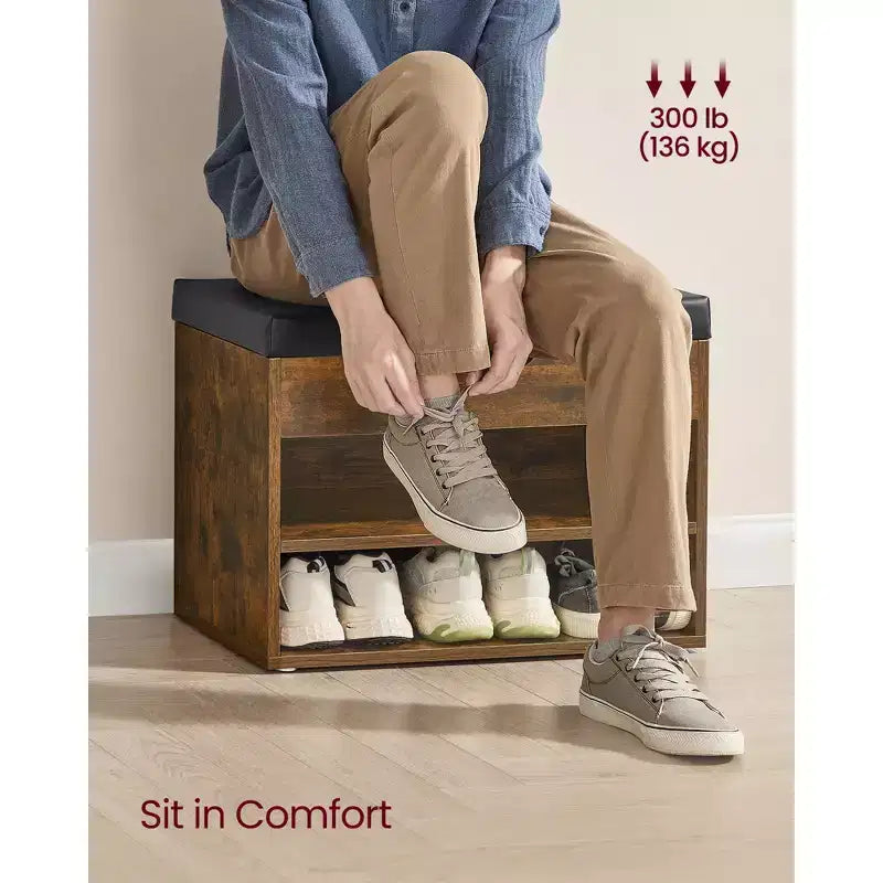 Banc à chaussures capitonné, 1 personne, avec 3 compartiments de rangement, blanc nuage / beige naturel / marron rustique