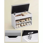Banc à chaussures capitonné, 1 personne, avec 3 compartiments de rangement, blanc nuage / beige naturel / marron rustique