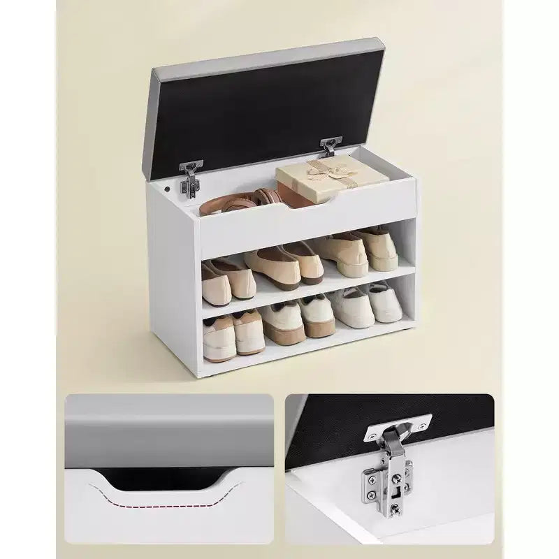 Banc à chaussures capitonné, 1 personne, avec 3 compartiments de rangement, blanc nuage / beige naturel / marron rustique