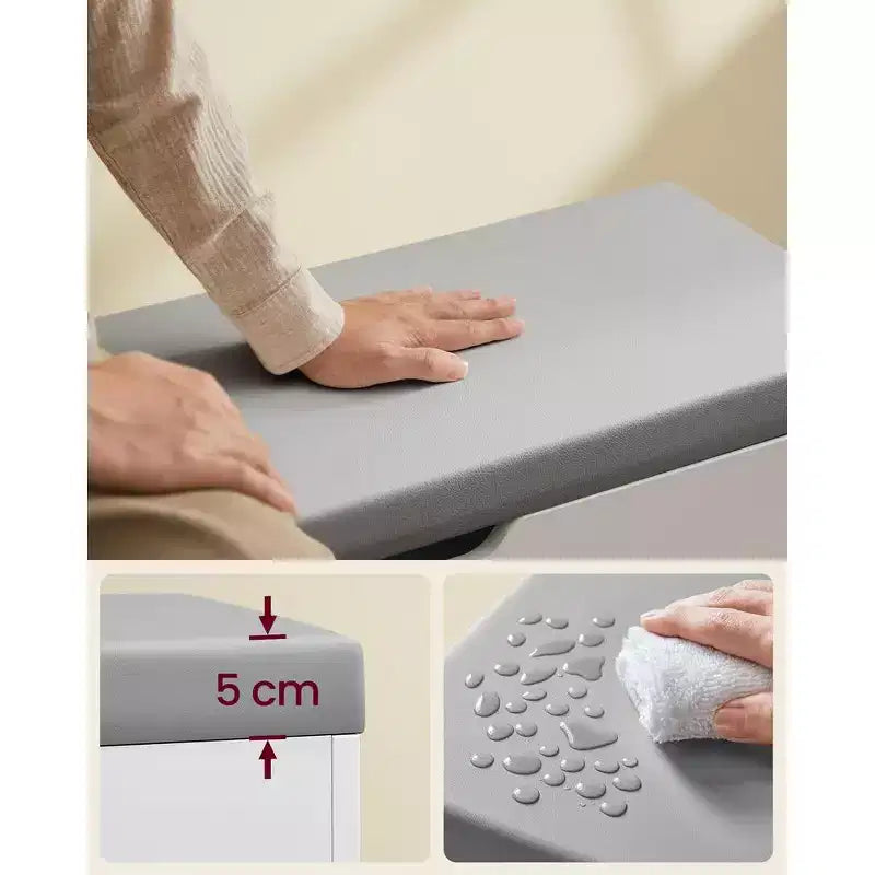 Banc à chaussures capitonné, 1 personne, avec 3 compartiments de rangement, blanc nuage / beige naturel / marron rustique