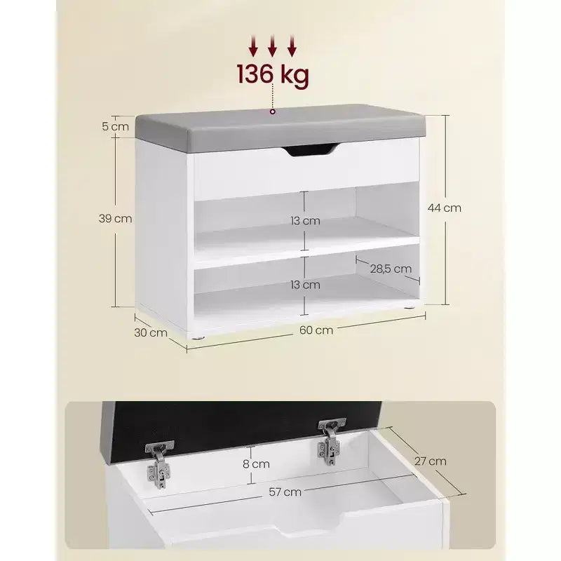 Banc à chaussures capitonné, 1 personne, avec 3 compartiments de rangement, blanc nuage / beige naturel / marron rustique
