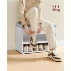Banc à chaussures capitonné, 1 personne, avec 3 compartiments de rangement, blanc nuage / beige naturel / marron rustique