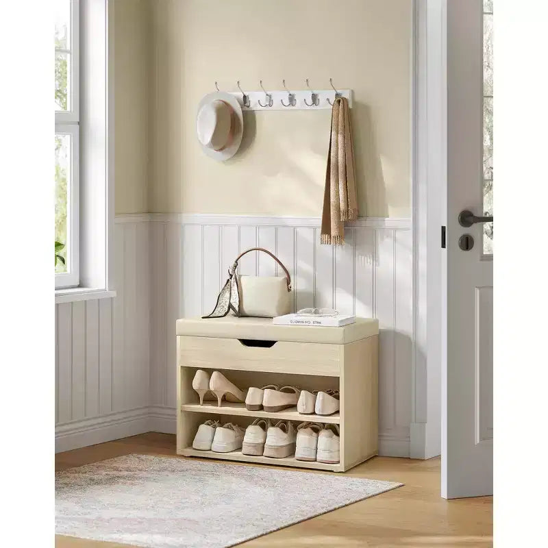 Banc à chaussures capitonné, 1 personne, avec 3 compartiments de rangement, blanc nuage / beige naturel / marron rustique