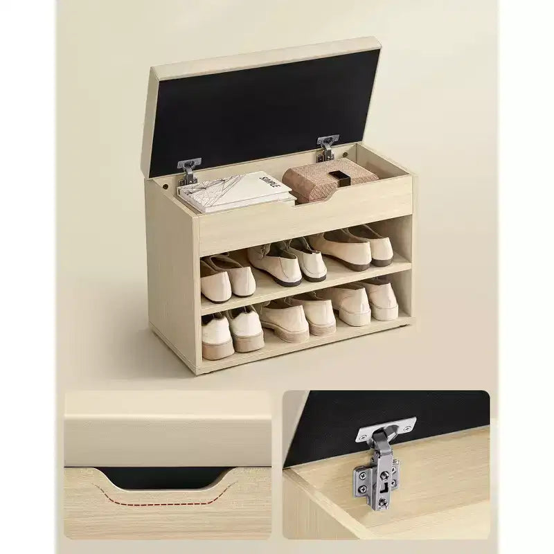 Banc à chaussures capitonné, 1 personne, avec 3 compartiments de rangement, blanc nuage / beige naturel / marron rustique
