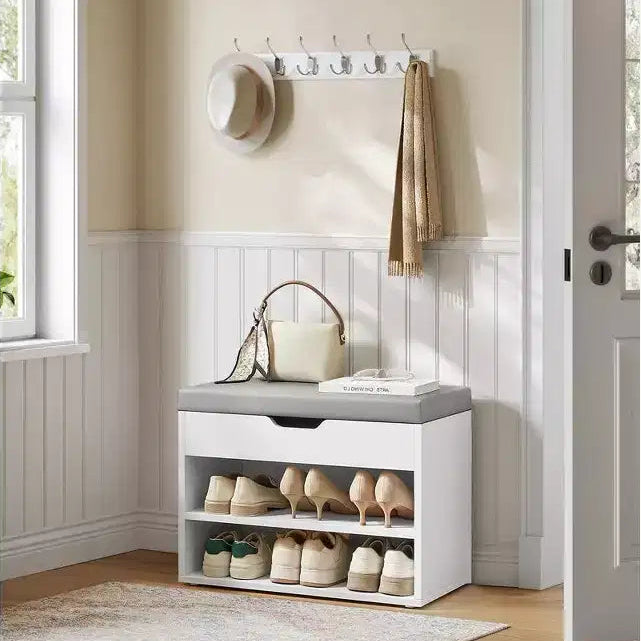 Shoe Bench with Cushioned Seat and 3 Storage Compartments, Sturdy Entryway Organizer, 11.8 x 23.6 x 17.3 Inches