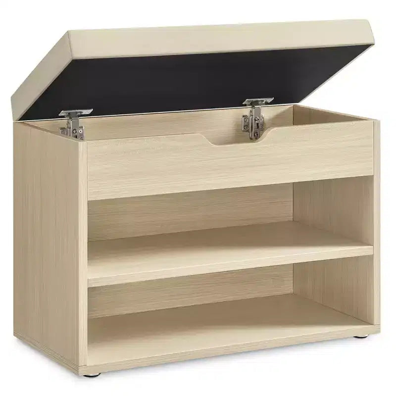 Banc à chaussures capitonné, 1 personne, avec 3 compartiments de rangement, blanc nuage / beige naturel / marron rustique