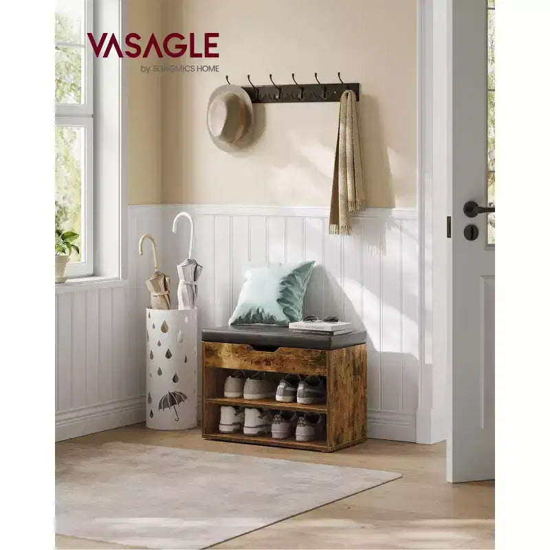 Banc à chaussures capitonné, 1 personne, avec 3 compartiments de rangement, blanc nuage / beige naturel / marron rustique