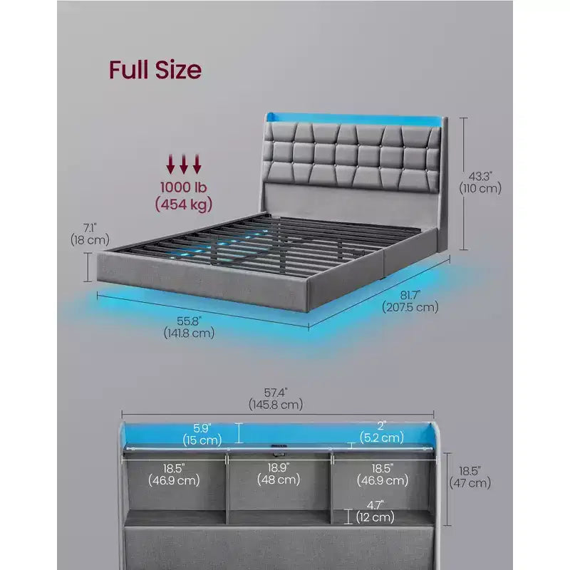 Cadre de lit plateforme flottant pleine grandeur gris clair avec lumières DEL et tête de lit capitonnée de rangement, pour deux personnes