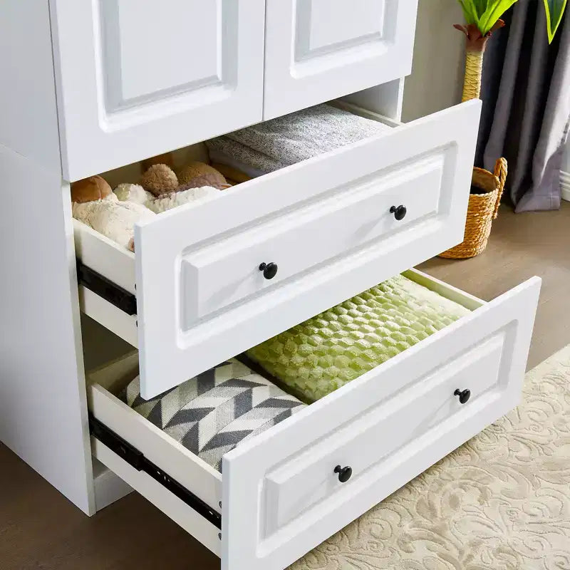 Armoire en bois blanc avec 2 tiroirs, 1 étagère et tringle à vêtements