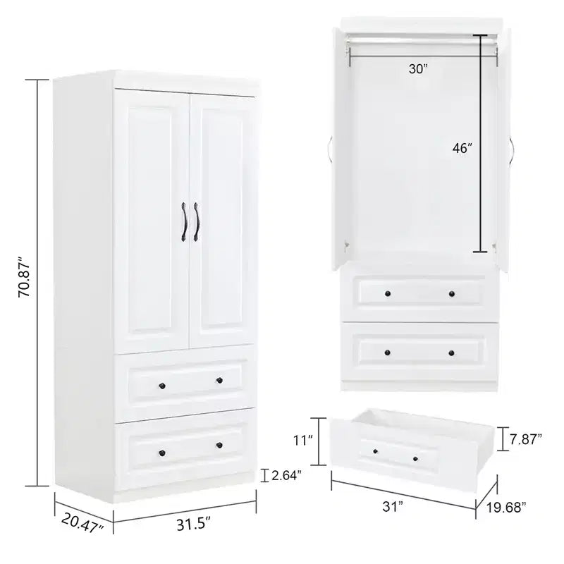 Armoire en bois blanc avec 2 tiroirs, 1 étagère et tringle à vêtements