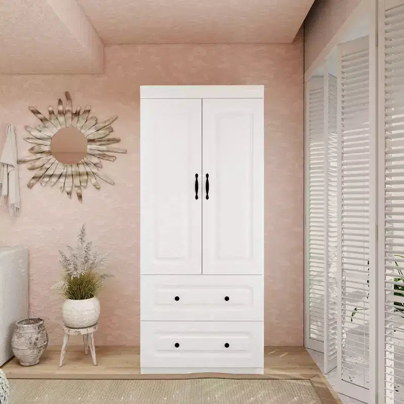 Armoire en bois blanc avec 2 tiroirs, 1 étagère et tringle à vêtements