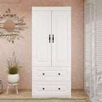 Armoire en bois blanc avec 2 tiroirs, 1 étagère et tringle à vêtements