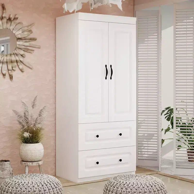 Armoire en bois blanc avec 2 tiroirs, 1 étagère et tringle à vêtements