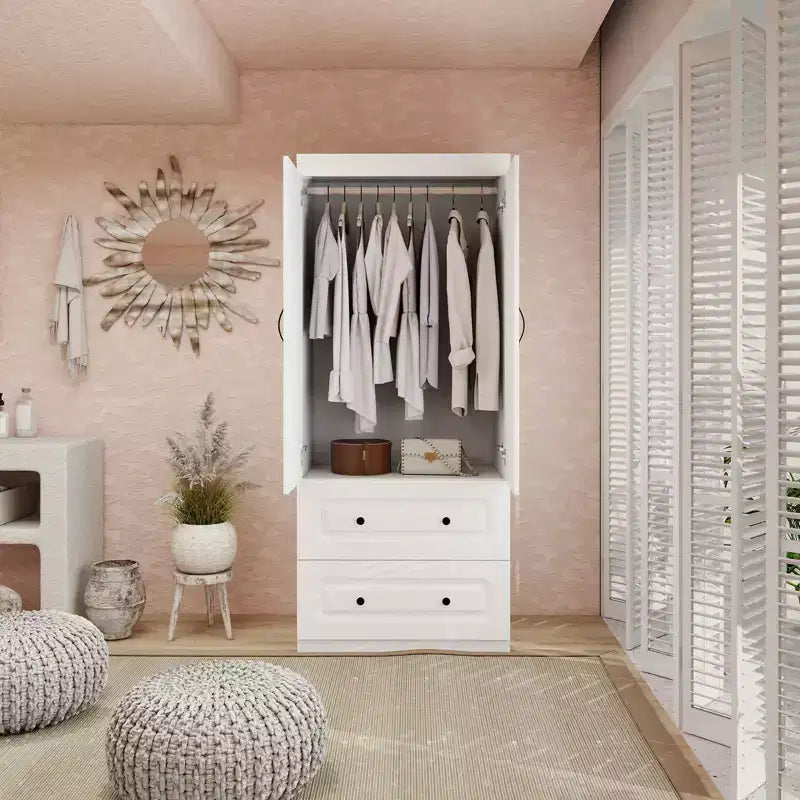Armoire en bois blanc avec 2 tiroirs, 1 étagère et tringle à vêtements