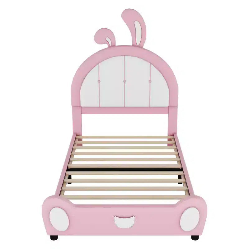 Lit plate-forme capitonné pour 1 personne avec oreilles de lapin roses et blanches