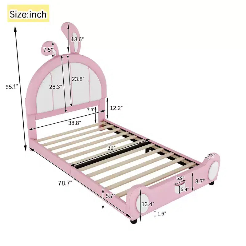 Lit plate-forme capitonné pour 1 personne avec oreilles de lapin roses et blanches