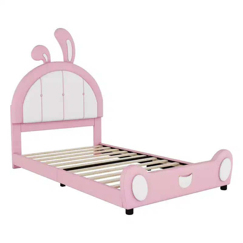 Lit plate-forme capitonné pour 1 personne avec oreilles de lapin roses et blanches