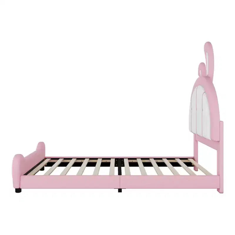 Lit plate-forme capitonné pour 1 personne avec oreilles de lapin roses et blanches