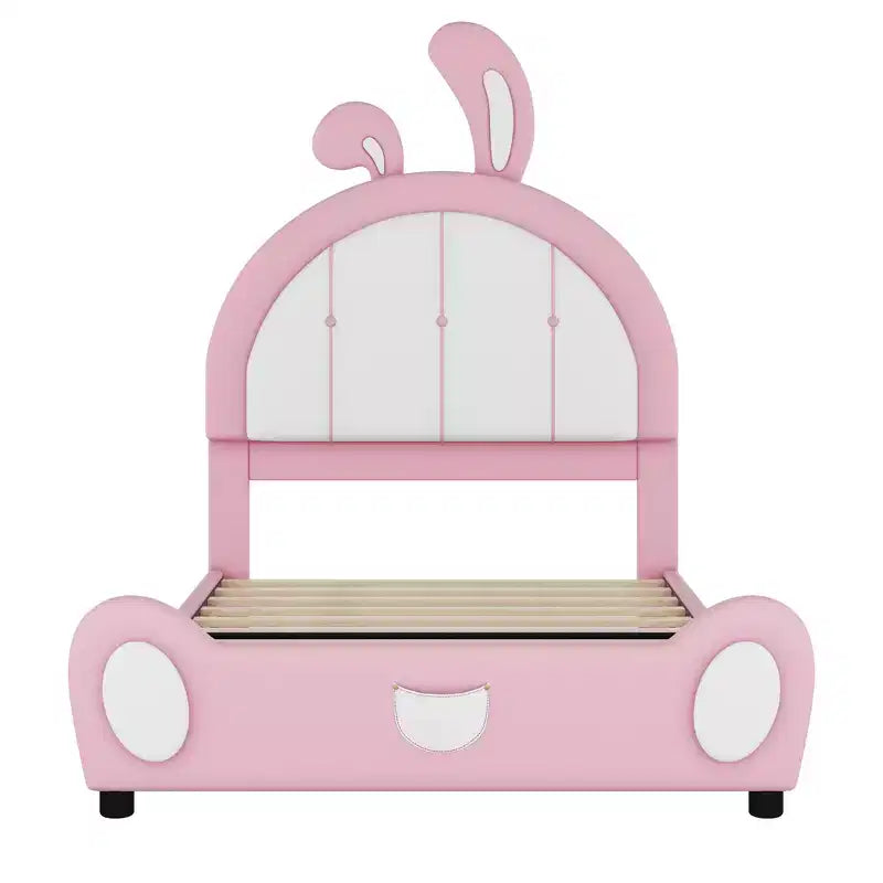 Lit plate-forme capitonné pour 1 personne avec oreilles de lapin roses et blanches