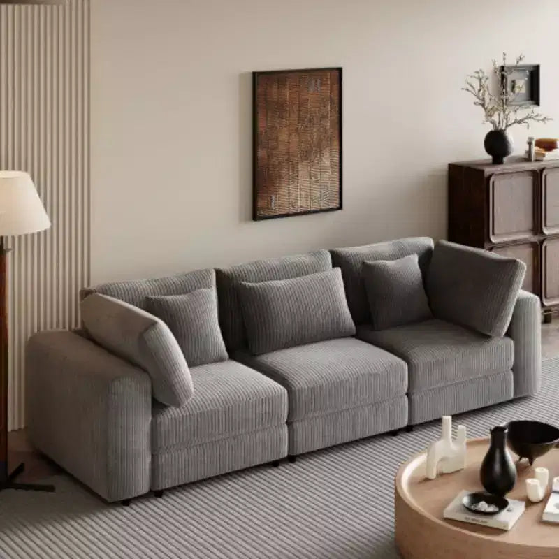 Canapé 3 places en velours côtelé beige avec coussins amovibles et 5 oreillers, peut accueillir jusqu'à 5 personnes