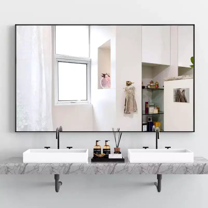 Modern Black Frame?Bathroom Mirror:?Oversized, Aluminum, Wall Mounted, Vertical/Horizontal