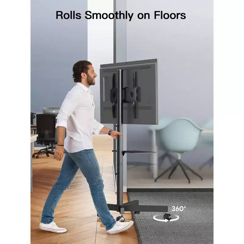 Chariot TV Noir Roulant pour écrans 23-60", Réglable en Hauteur, Simple