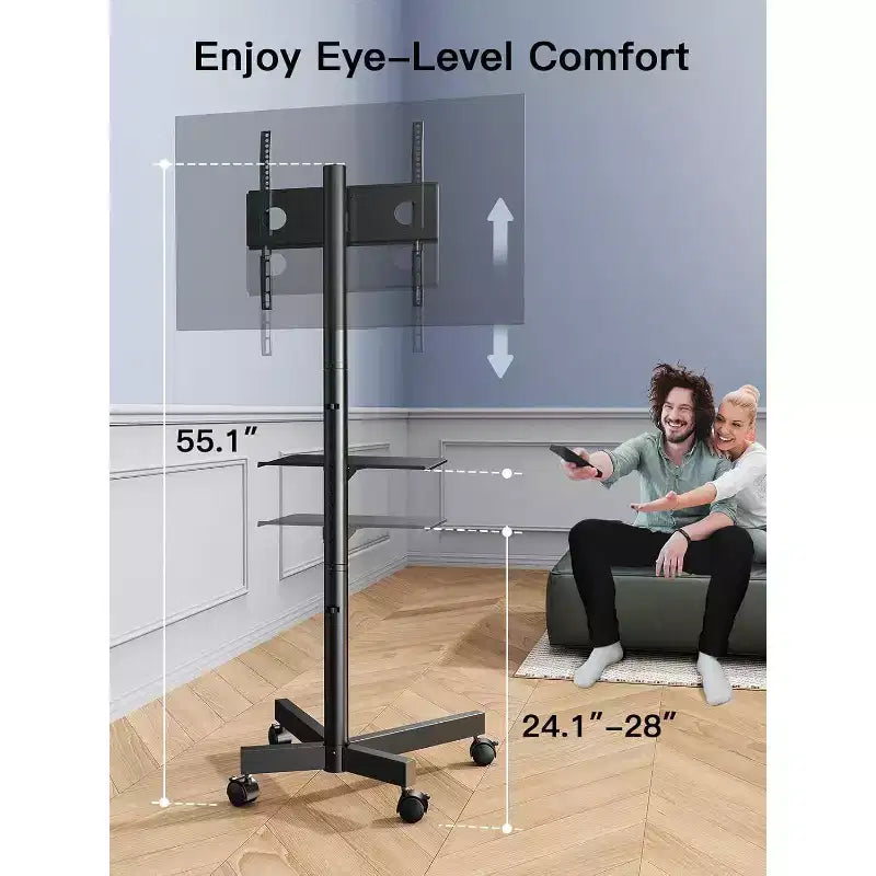 Chariot TV Noir Roulant pour écrans 23-60", Réglable en Hauteur, Simple