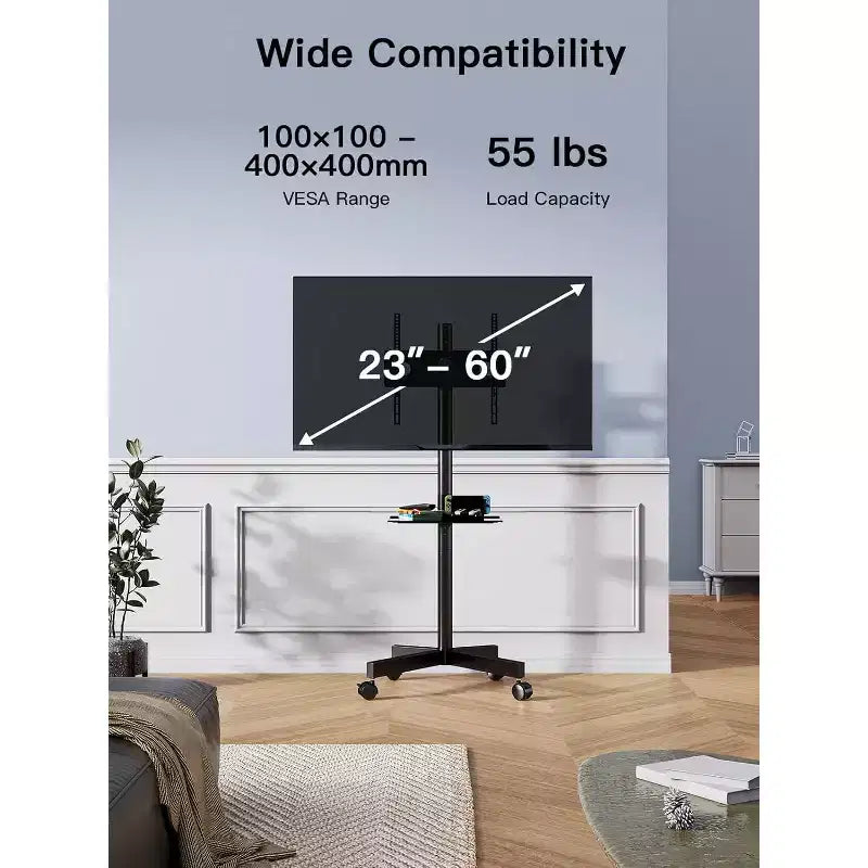 Chariot TV Noir Roulant pour écrans 23-60", Réglable en Hauteur, Simple