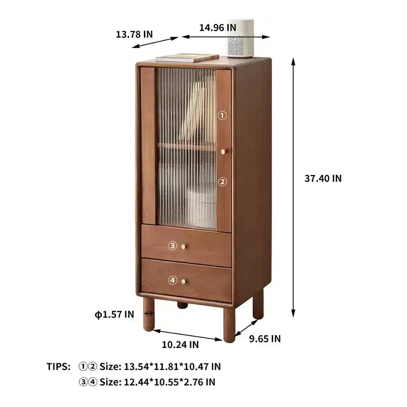 Meuble de rangement en pin naturel avec porte vitrée, 2 tiroirs et étagères