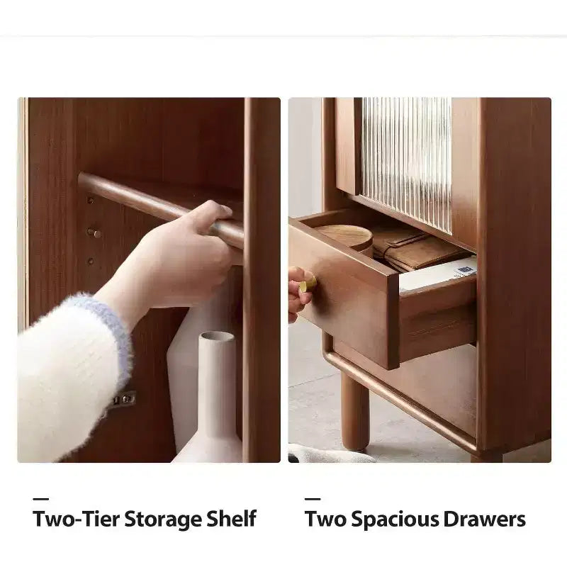 Meuble de rangement en pin naturel avec porte vitrée, 2 tiroirs et étagères