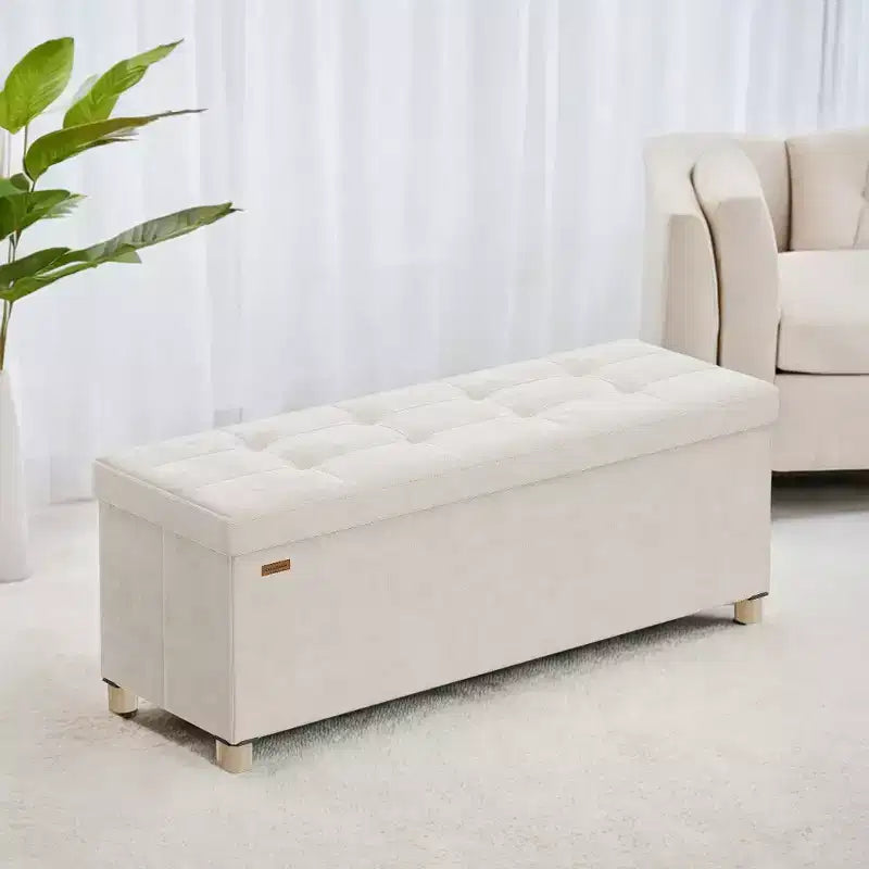 Banc ottoman de rangement en velours blanc crème, repose-pieds capitonné et coffre de rangement, 110 cm (l) x 40 cm (H)