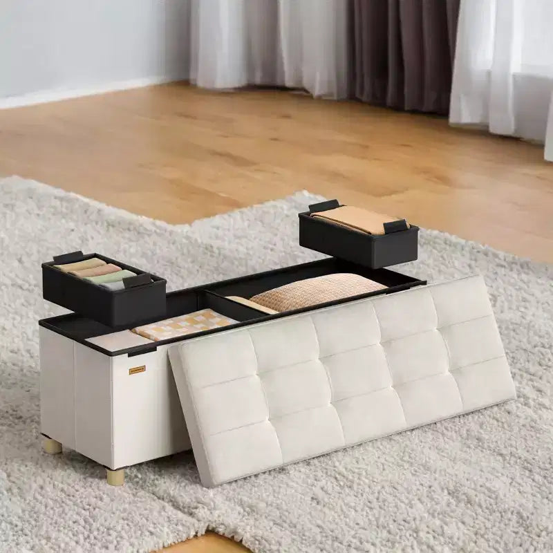 Banc ottoman de rangement en velours blanc crème, repose-pieds capitonné et coffre de rangement, 110 cm (l) x 40 cm (H)