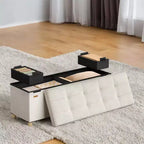Banc ottoman de rangement en velours blanc crème, repose-pieds capitonné et coffre de rangement, 110 cm (l) x 40 cm (H)