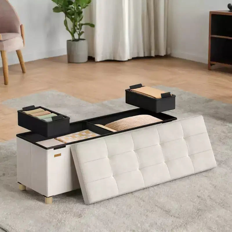 Banc ottoman de rangement en velours blanc crème, repose-pieds capitonné et coffre de rangement, 110 cm (l) x 40 cm (H)
