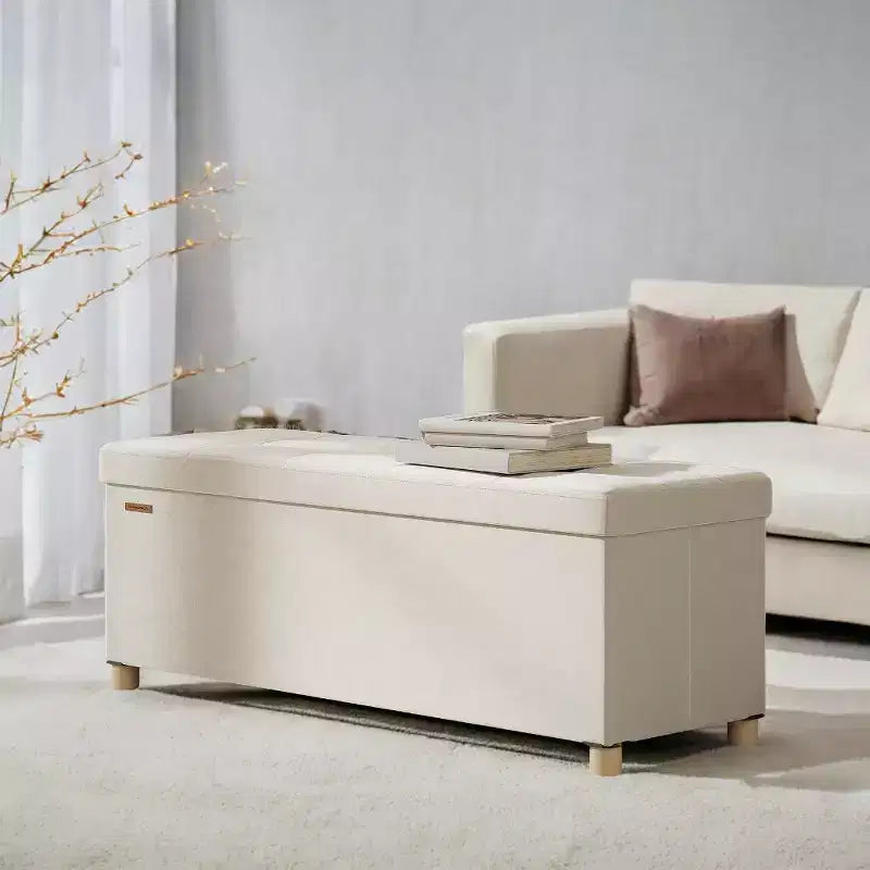 Banc ottoman de rangement en velours blanc crème, repose-pieds capitonné et coffre de rangement, 110 cm (l) x 40 cm (H)