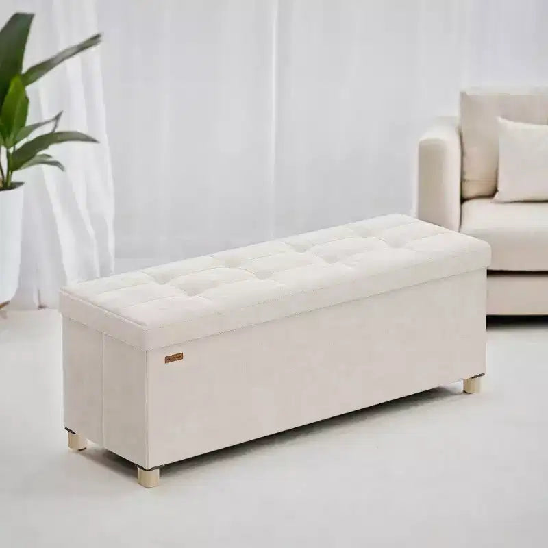 Banc ottoman de rangement en velours blanc crème, repose-pieds capitonné et coffre de rangement, 110 cm (l) x 40 cm (H)